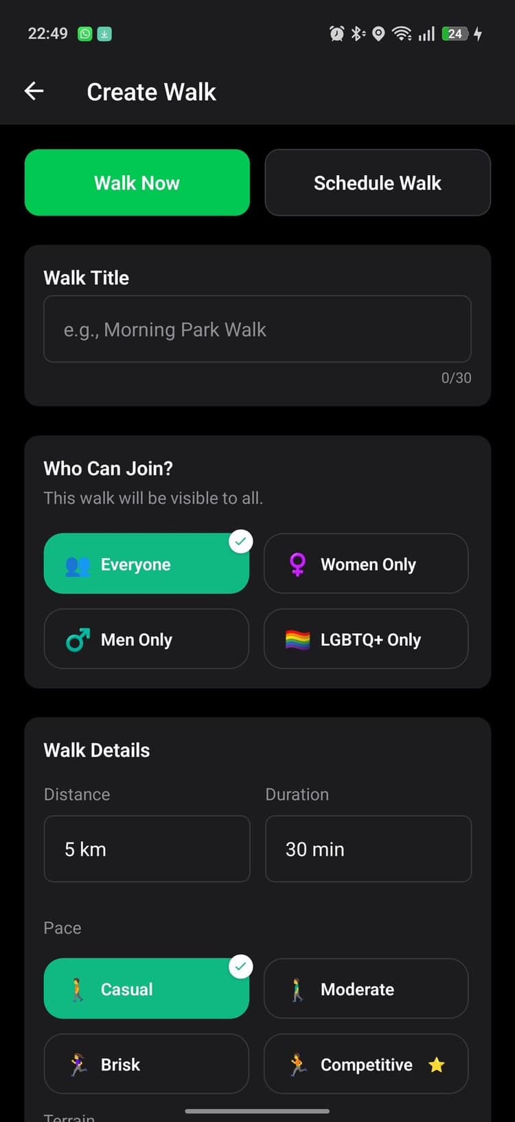 Create a new walk with inclusivity options