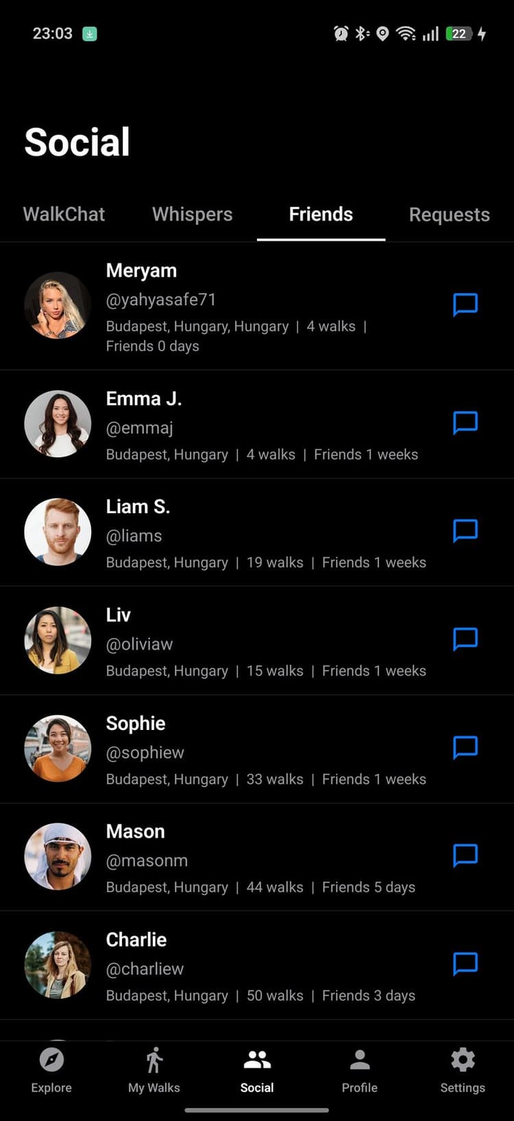 Friends list showing walking connections