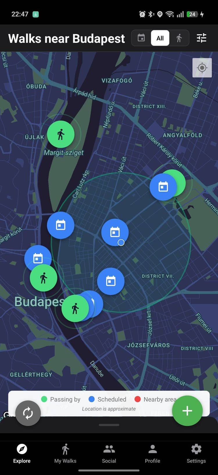 Map view showing nearby walks in Budapest
