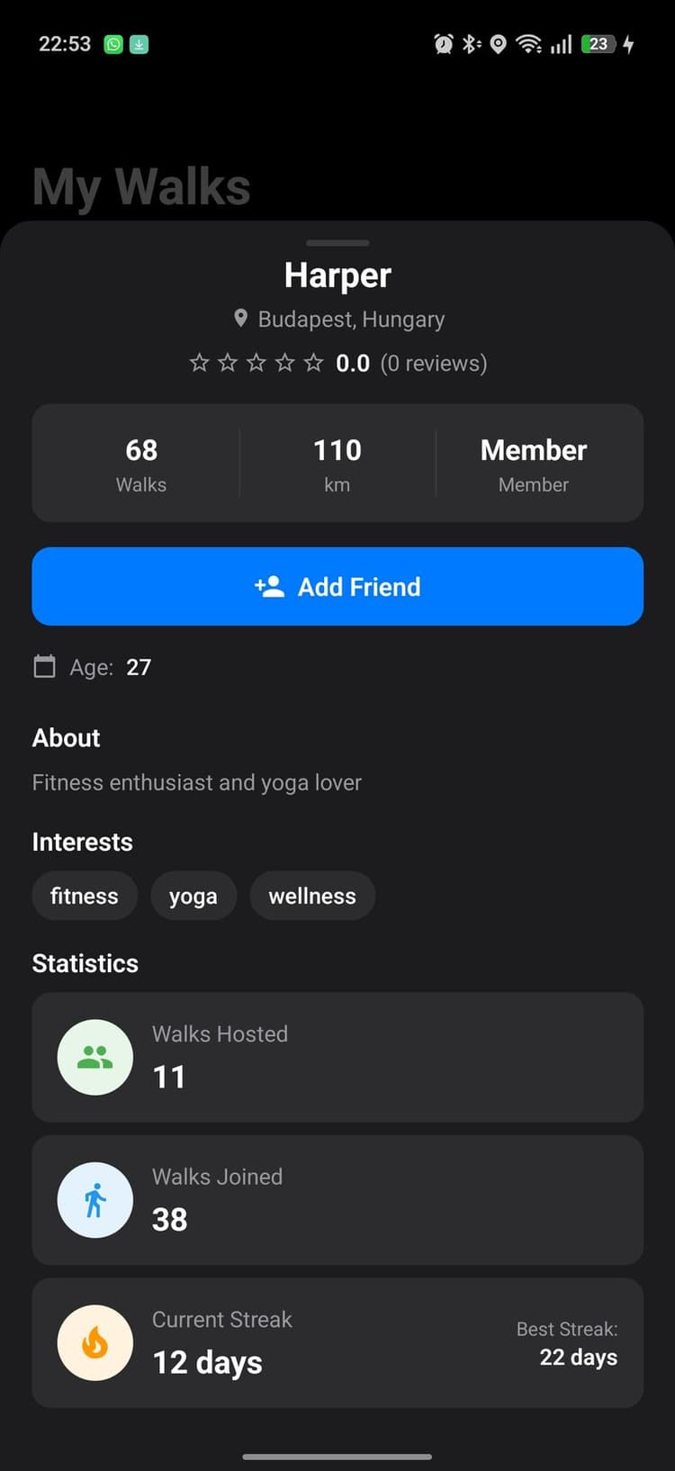 User profile with walking statistics